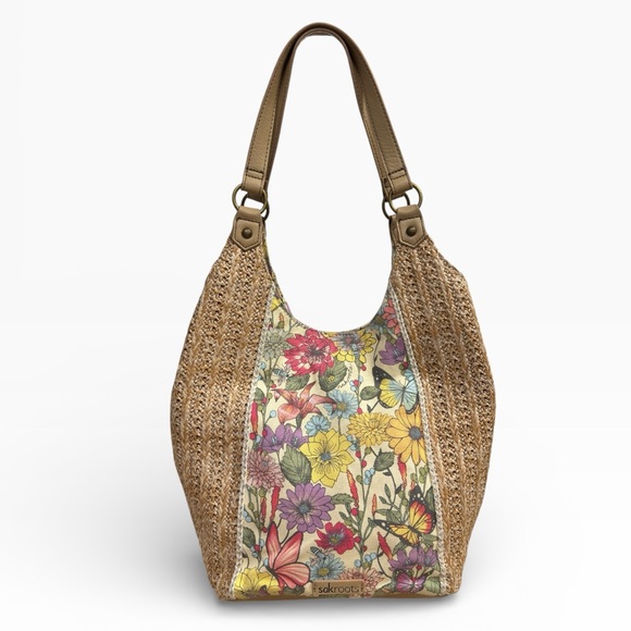 Sakroots Handbags - Sakroots Roma Straw Shopper Tote Floral Print Canvas Leather Trim Bag